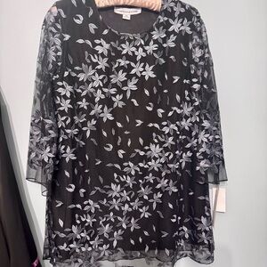 Caroline Rose Black Sheer Top with White Floral Design
